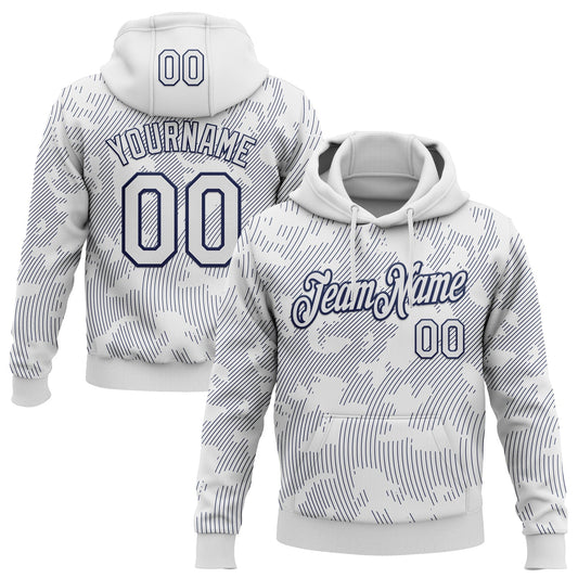Custom Stitched White Navy Curve Lines Sports Pullover Sweatshirt Hoodie - Main View