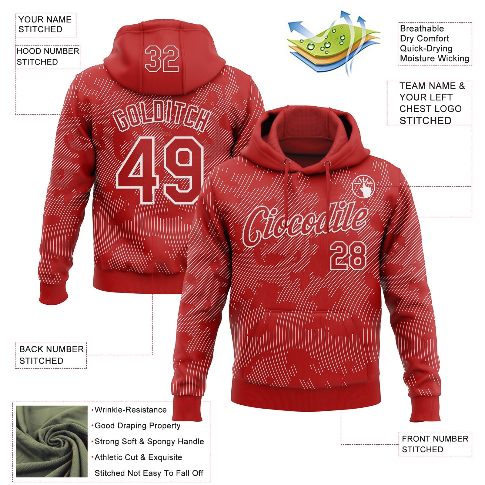 Custom Stitched Red White Curve Lines Sports Pullover Sweatshirt Hoodie view 4