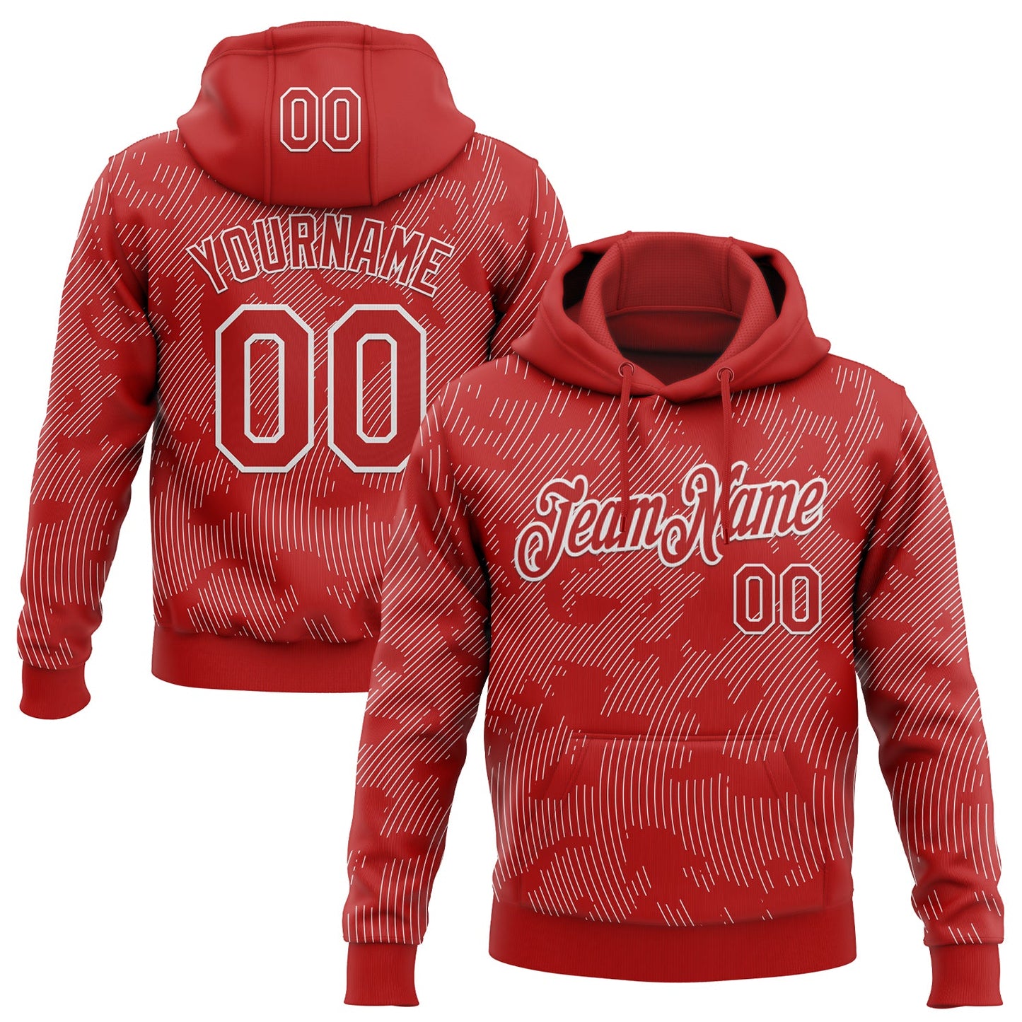 Custom Stitched Red White Curve Lines Sports Pullover Sweatshirt Hoodie - Main View