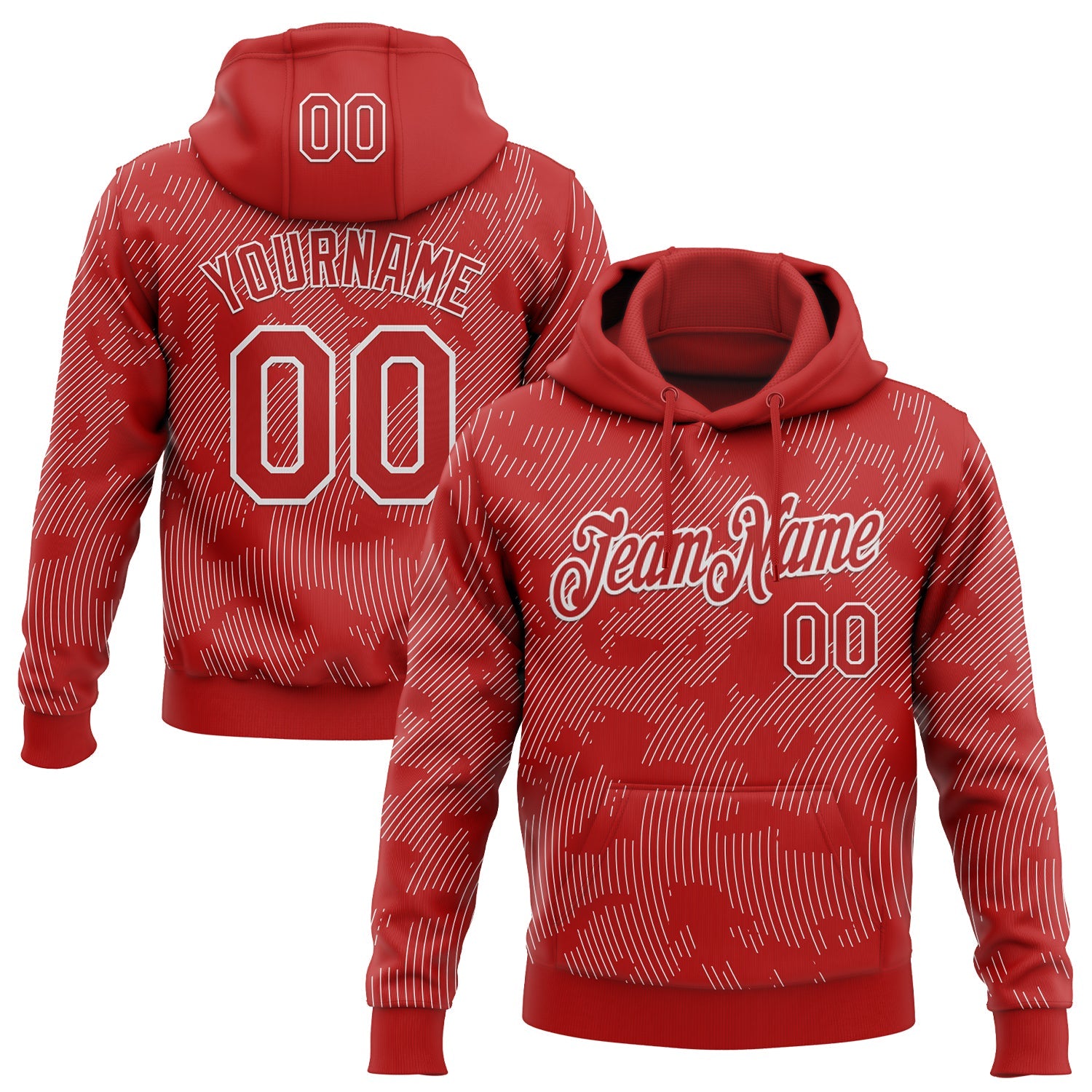 Custom Stitched Red White Curve Lines Sports Pullover Sweatshirt Hoodie - Main View