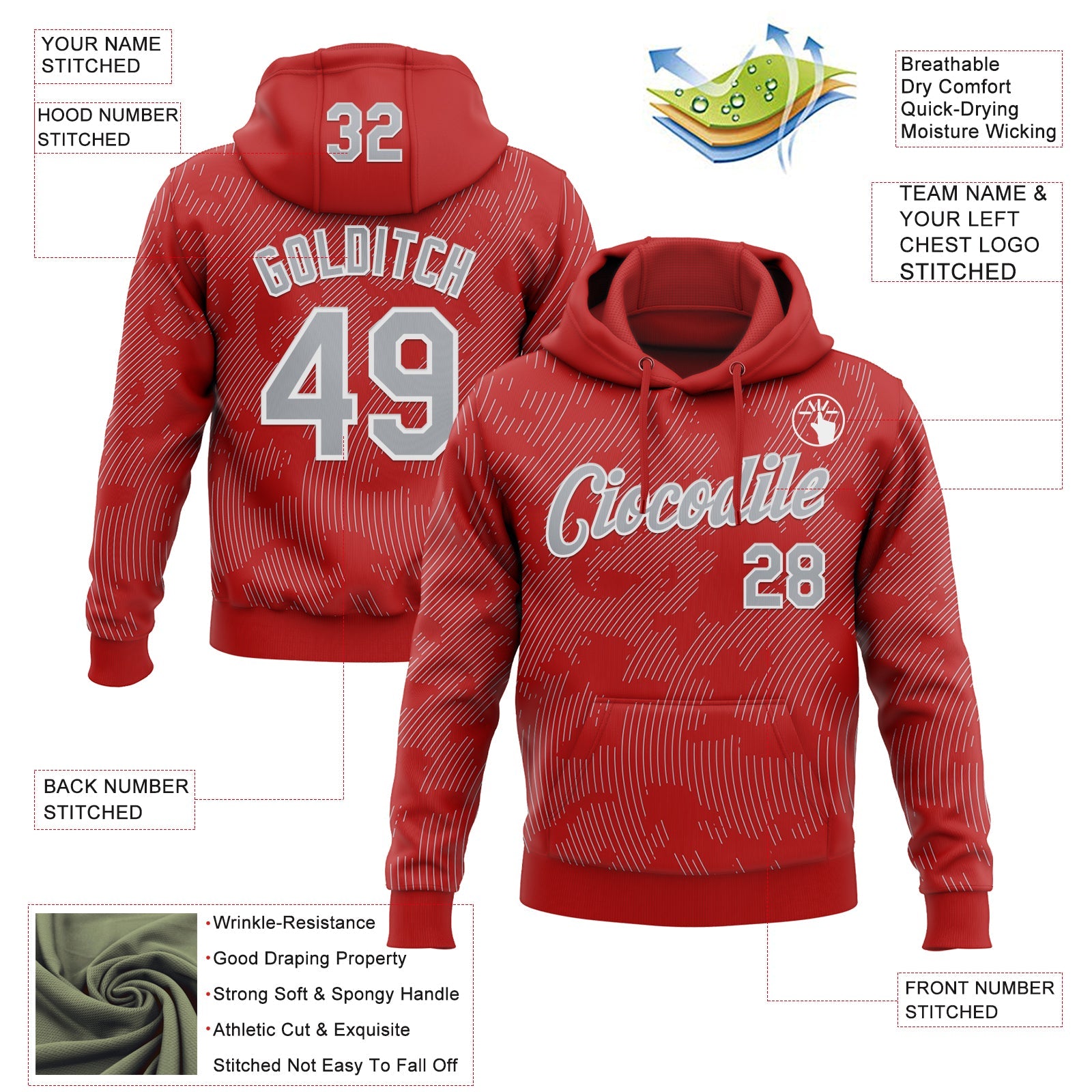 Custom Stitched Red Gray-White Curve Lines Sports Pullover Sweatshirt Hoodie view 4