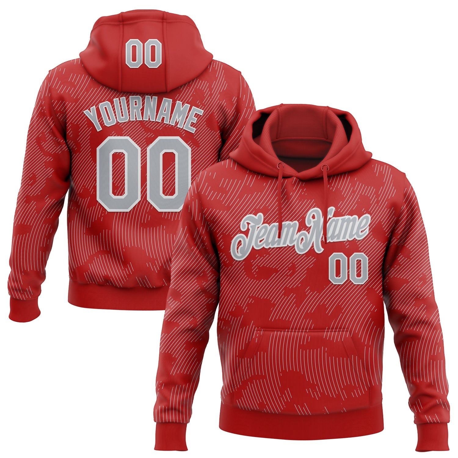 Custom Stitched Red Gray-White Curve Lines Sports Pullover Sweatshirt Hoodie - Main View