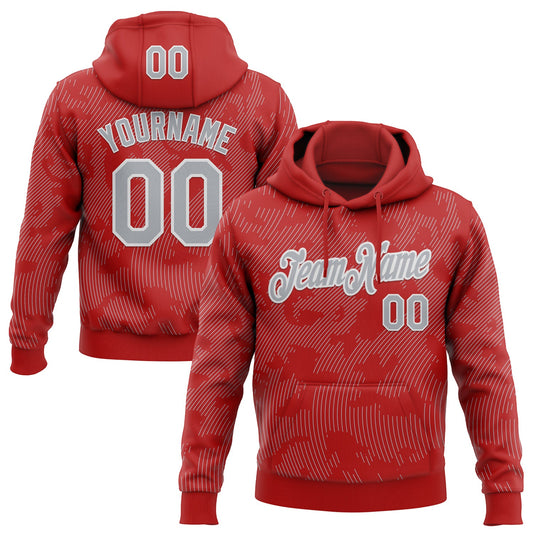 Custom Stitched Red Gray-White Curve Lines Sports Pullover Sweatshirt Hoodie - Main View