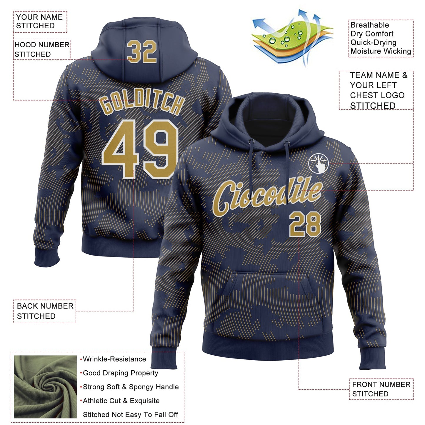 Custom Stitched Navy Old Gold-White Curve Lines Sports Pullover Sweatshirt Hoodie view 4