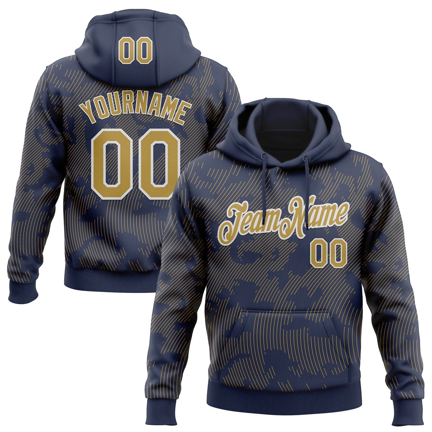Custom Stitched Navy Old Gold-White Curve Lines Sports Pullover Sweatshirt Hoodie - Main View