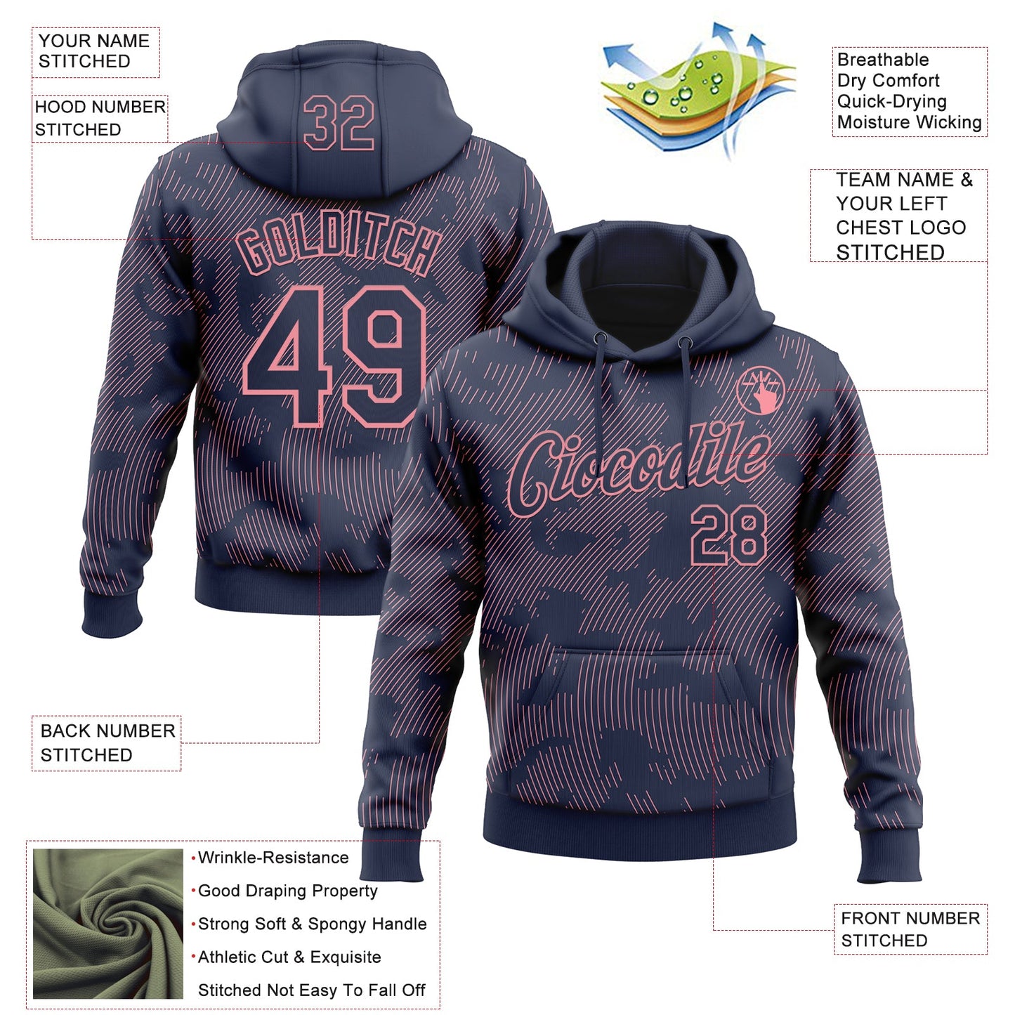 Custom Stitched Navy Medium Pink Curve Lines Sports Pullover Sweatshirt Hoodie view 4