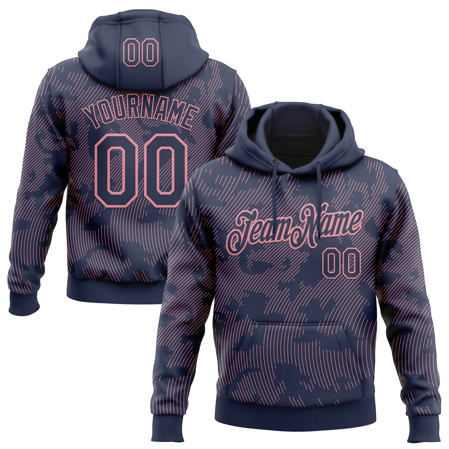 Custom Stitched Navy Medium Pink Curve Lines Sports Pullover Sweatshirt Hoodie - Main View