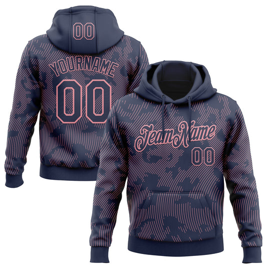 Custom Stitched Navy Medium Pink Curve Lines Sports Pullover Sweatshirt Hoodie - Main View