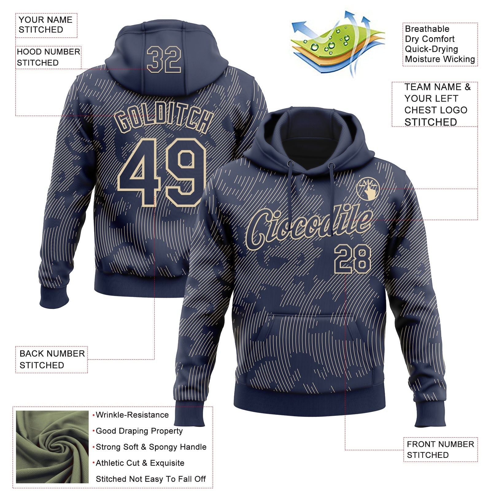 Custom Stitched Navy Cream Curve Lines Sports Pullover Sweatshirt Hoodie view 4