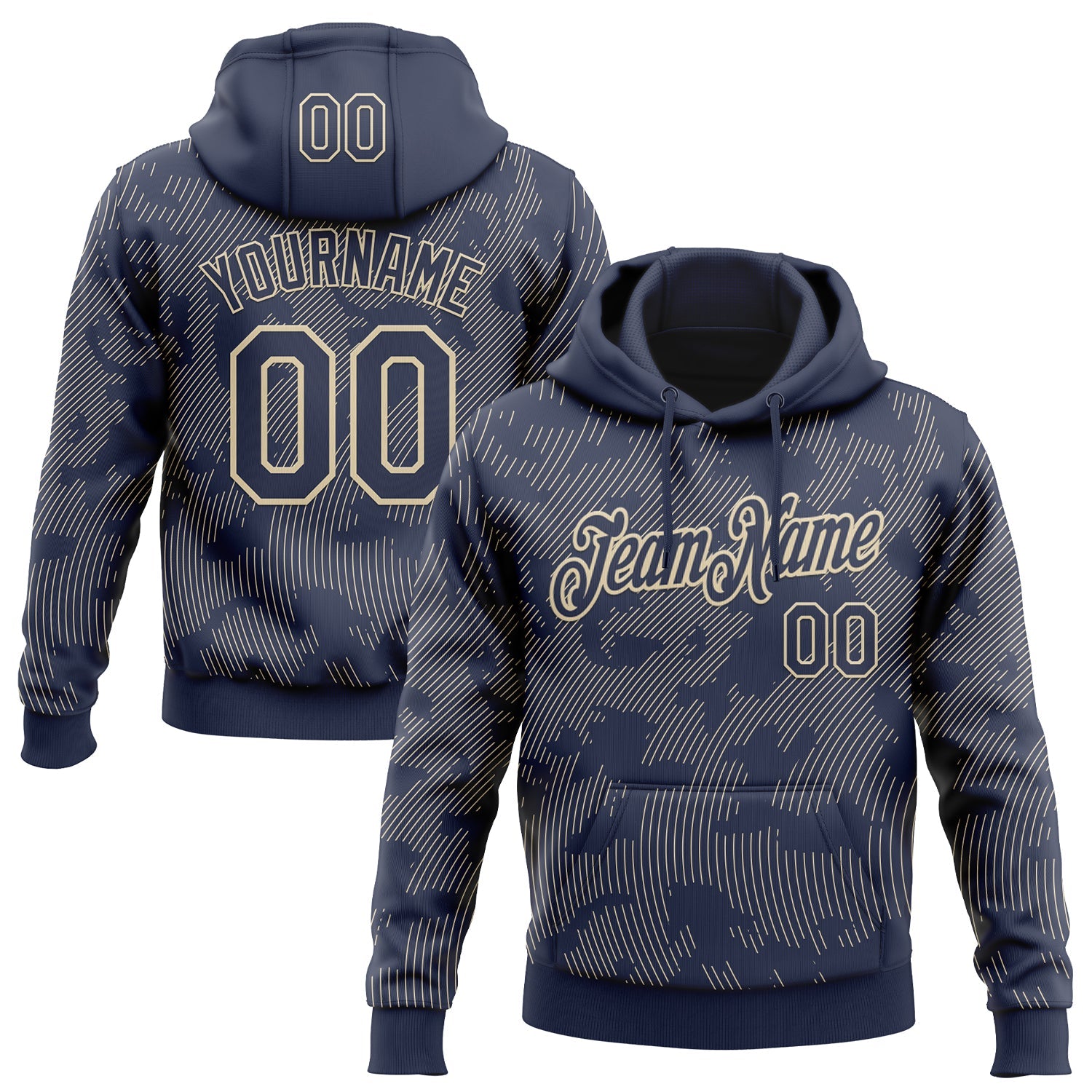 Custom Stitched Navy Cream Curve Lines Sports Pullover Sweatshirt Hoodie - Main View