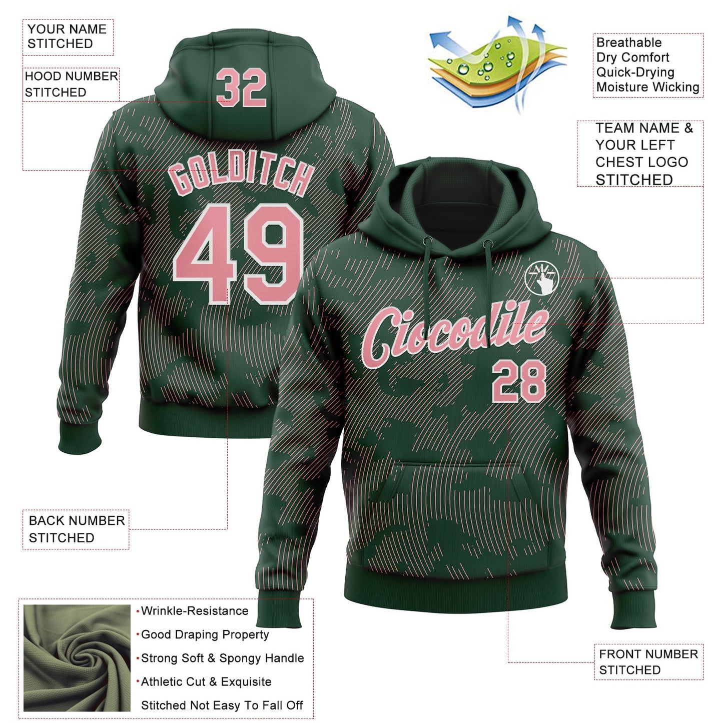 Custom Stitched Green Medium Pink-White Curve Lines Sports Pullover Sweatshirt Hoodie view 4