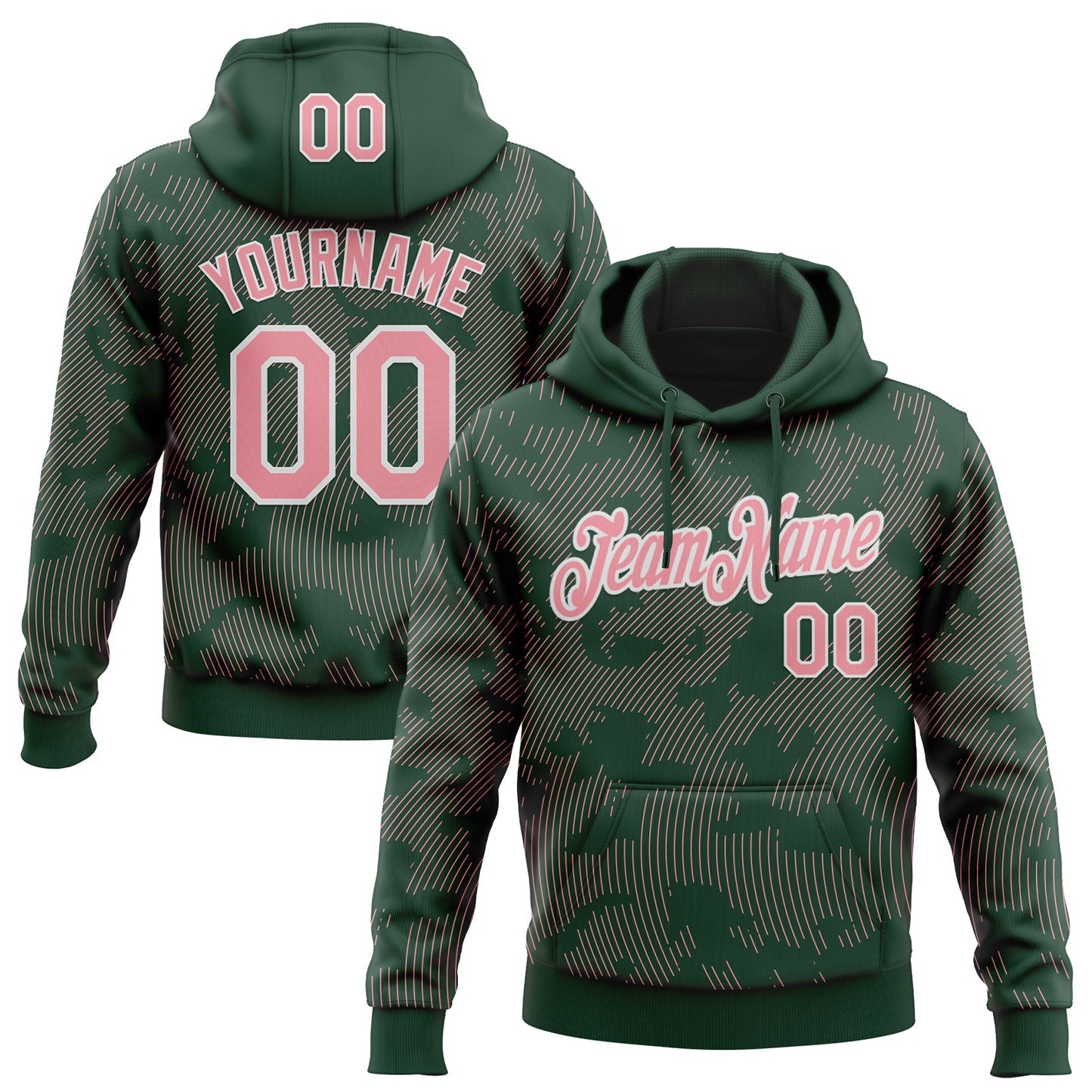 Custom Stitched Green Medium Pink-White Curve Lines Sports Pullover Sweatshirt Hoodie - Main View