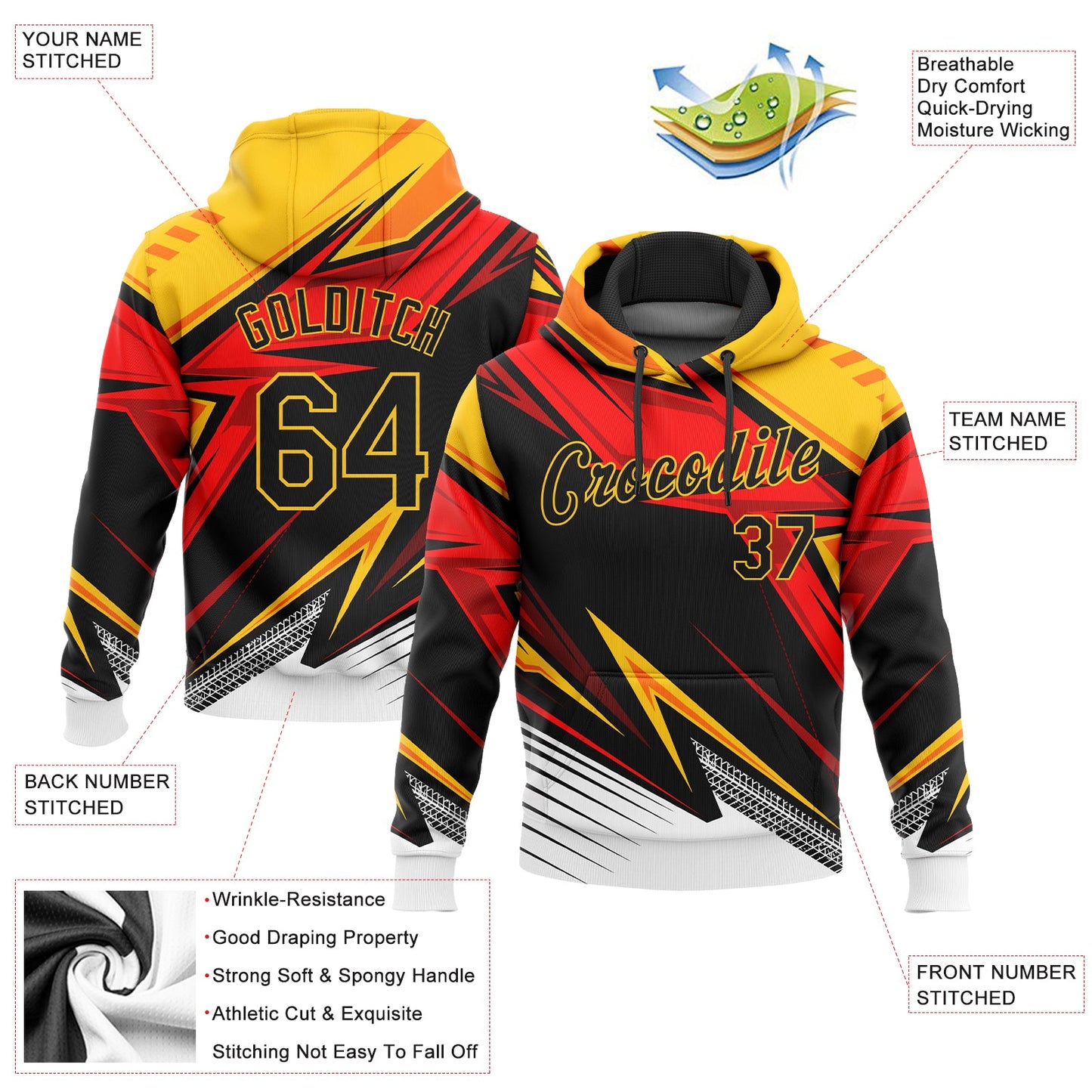 Custom Stitched Gold Black Orange-White 3D Pattern Design Sports Pullover Sweatshirt Hoodie view 2