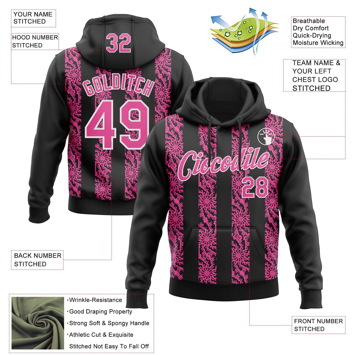 Custom Stitched Black Pink-White Abstract Shape Pattern Sports Pullover Sweatshirt Hoodie view 4