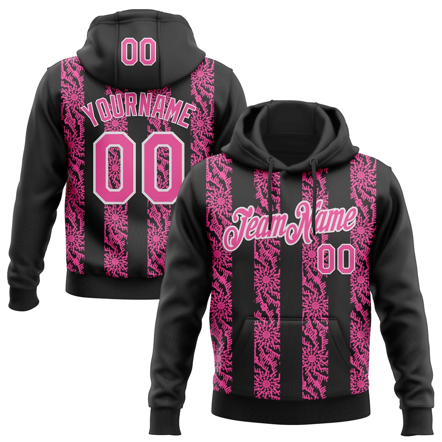Custom Stitched Black Pink-White Abstract Shape Pattern Sports Pullover Sweatshirt Hoodie - Main View