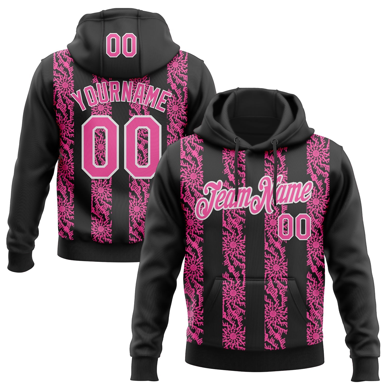 Custom Stitched Black Pink-White Abstract Shape Pattern Sports Pullover Sweatshirt Hoodie - Main View