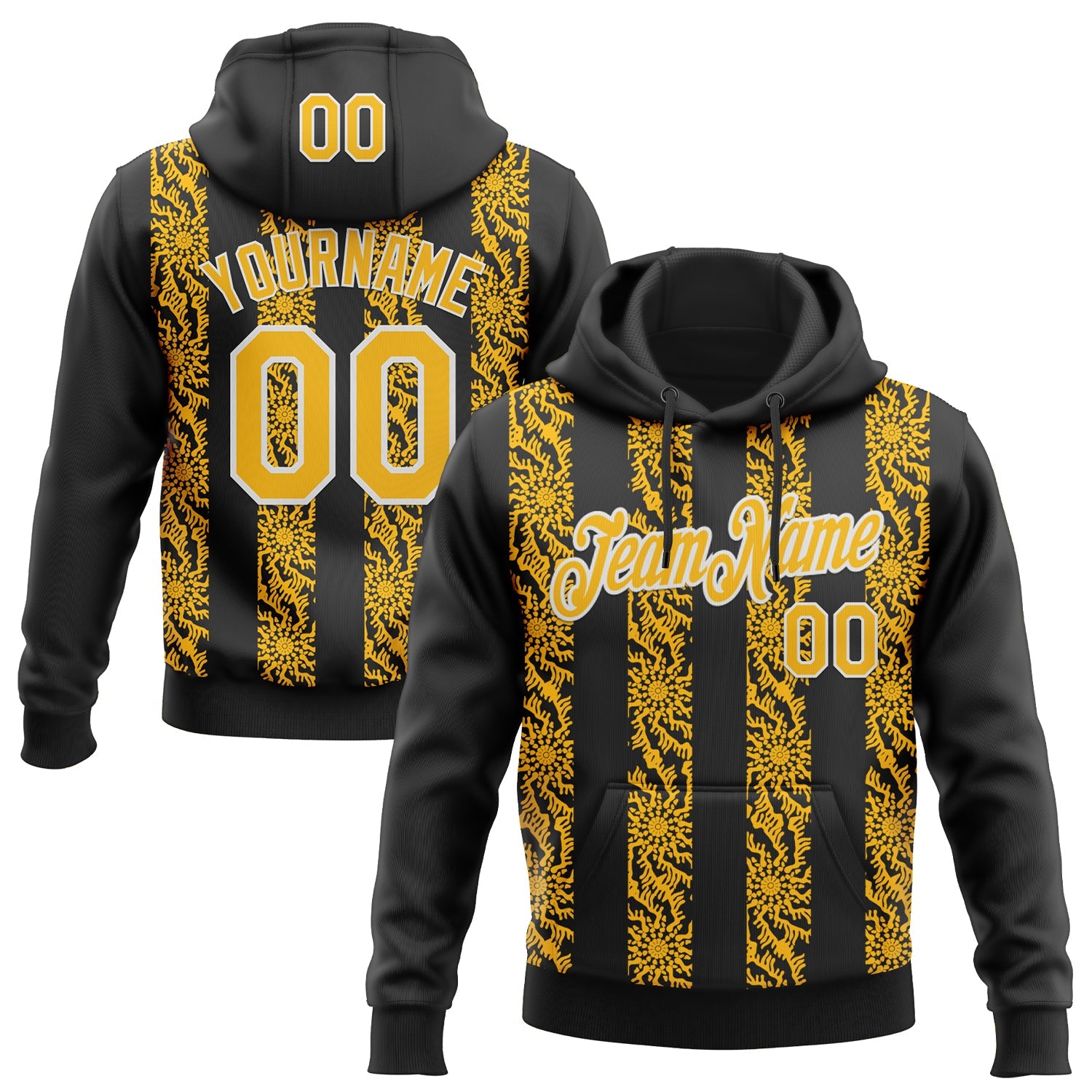Custom Stitched Black Gold-White Abstract Shape Pattern Sports Pullover Sweatshirt Hoodie - Main View