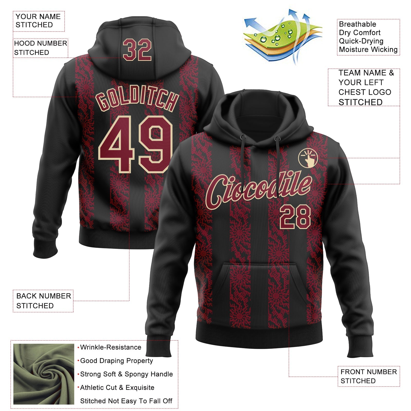 Custom Stitched Black Crimson-Cream Abstract Shape Pattern Sports Pullover Sweatshirt Hoodie view 4