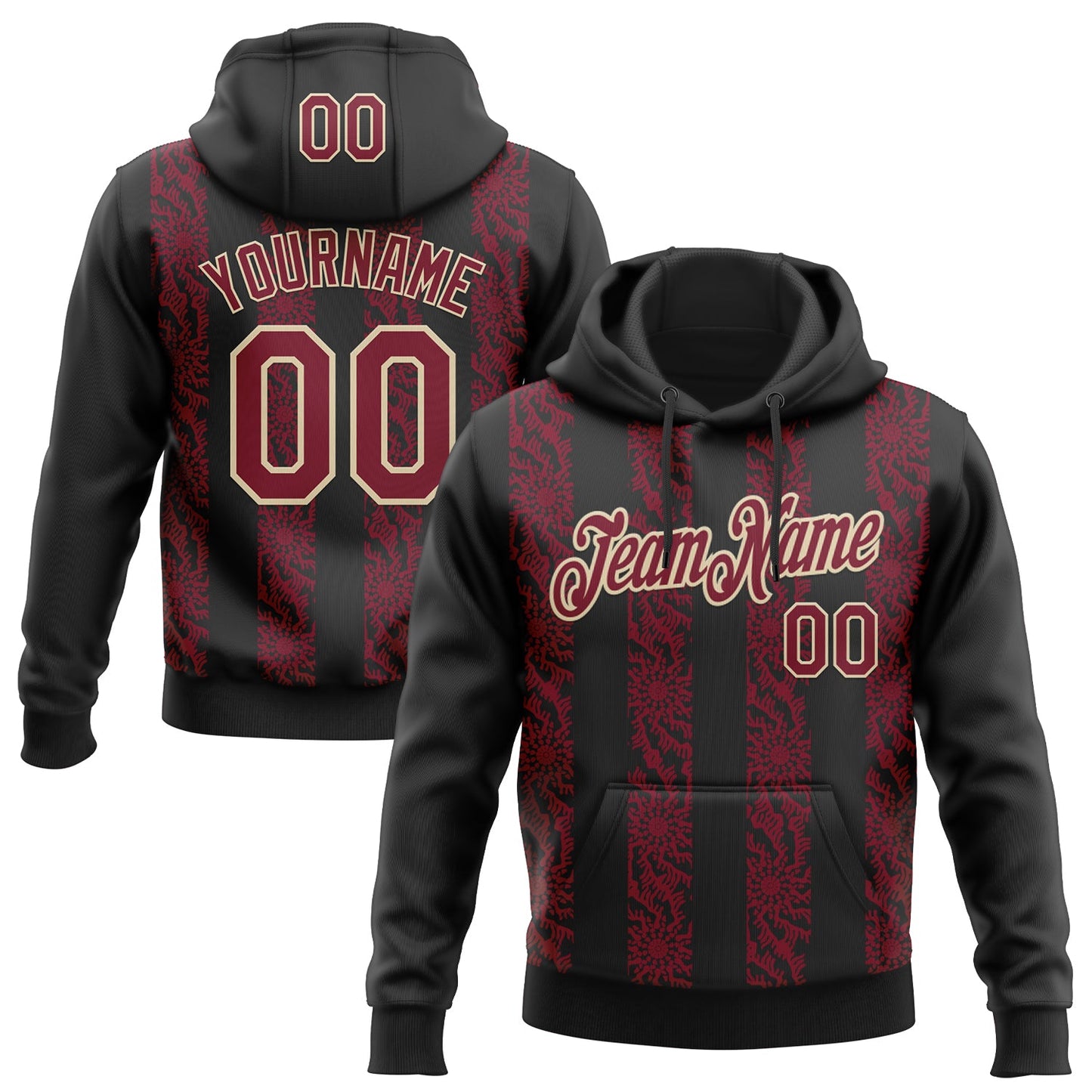 Custom Stitched Black Crimson-Cream Abstract Shape Pattern Sports Pullover Sweatshirt Hoodie - Main View