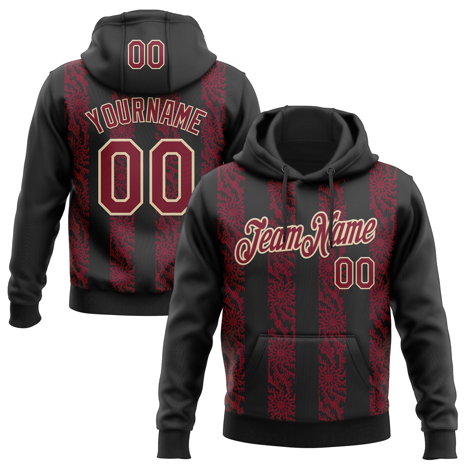 Custom Stitched Black Crimson-Cream Abstract Shape Pattern Sports Pullover Sweatshirt Hoodie - Main View