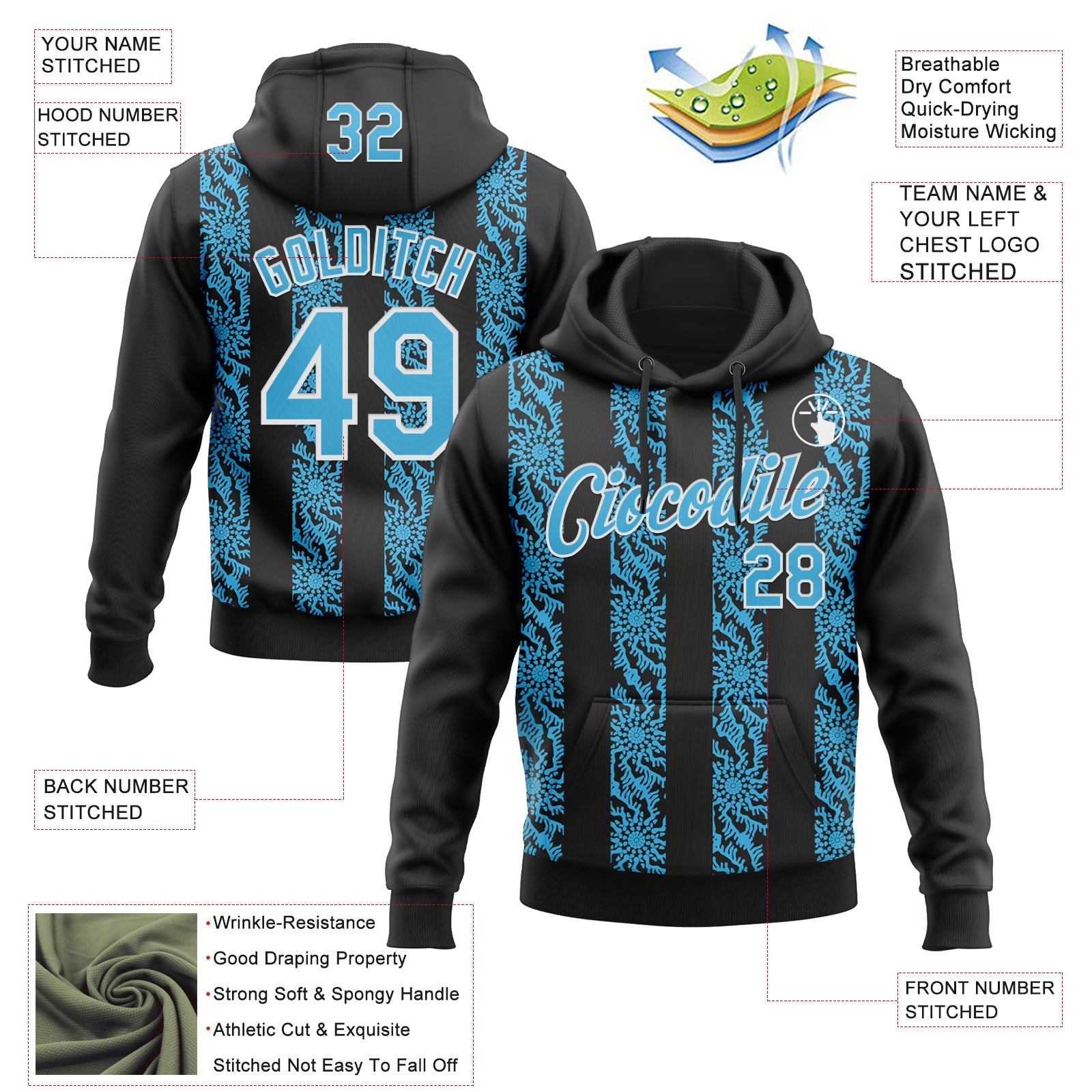 Custom Stitched Black Sky Blue-White Abstract Shape Pattern Sports Pullover Sweatshirt Hoodie view 4