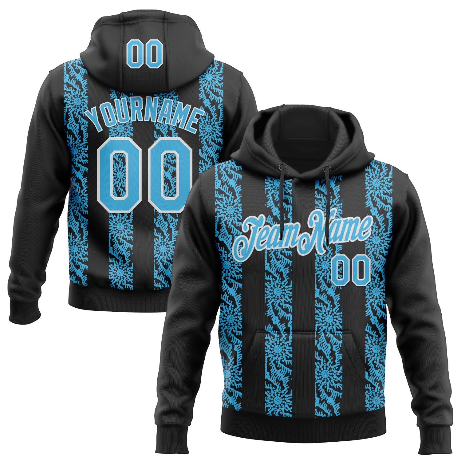 Custom Stitched Black Sky Blue-White Abstract Shape Pattern Sports Pullover Sweatshirt Hoodie - Main View