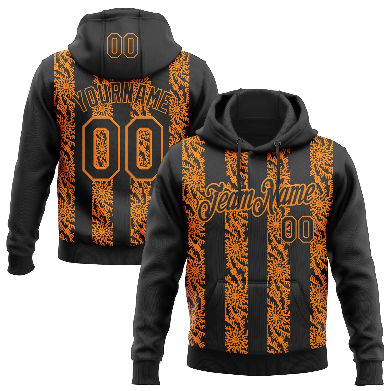 Custom Stitched Black Bay Orange Abstract Shape Pattern Sports Pullover Sweatshirt Hoodie - Main View