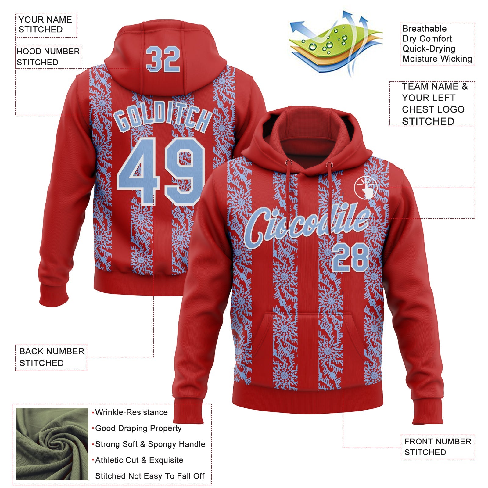 Custom Stitched Red Light Blue-White Abstract Shape Pattern Sports Pullover Sweatshirt Hoodie view 4