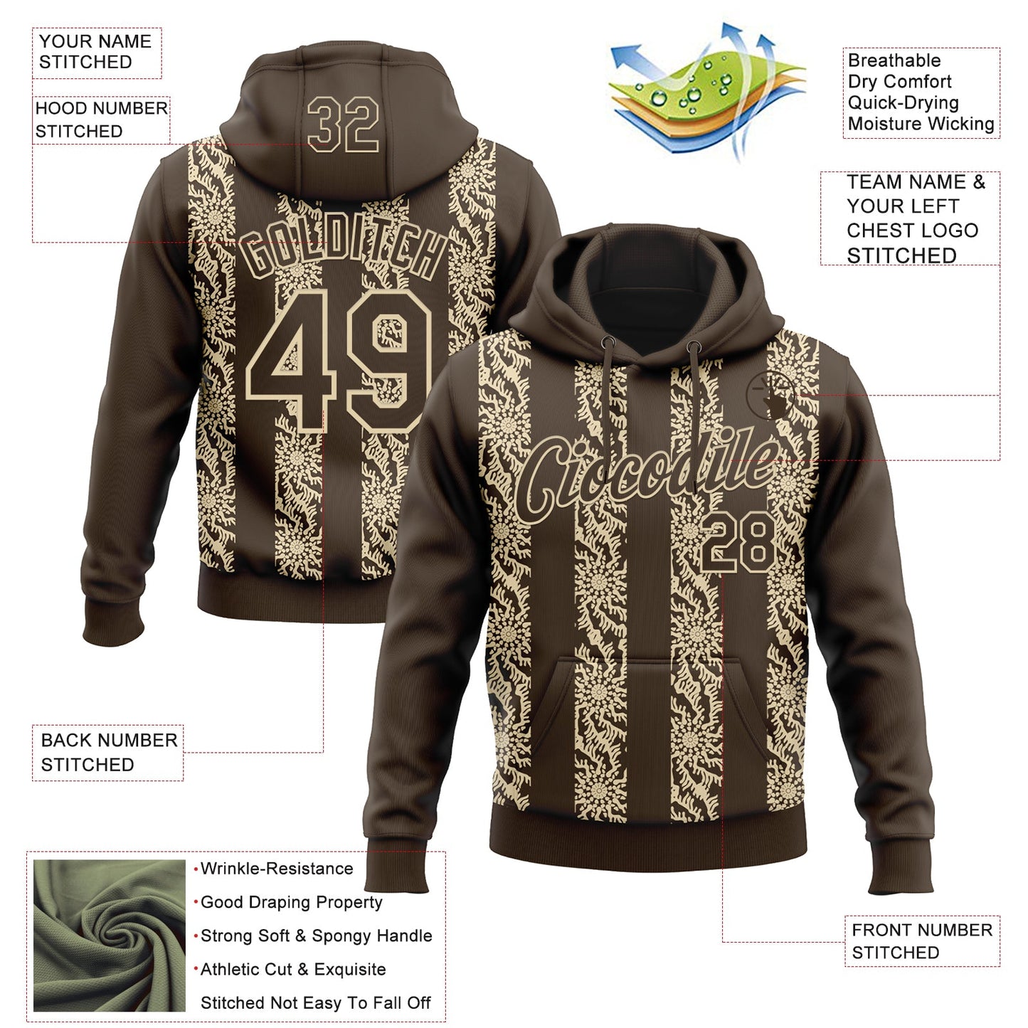 Custom Stitched Brown Cream Abstract Shape Pattern Sports Pullover Sweatshirt Hoodie view 4