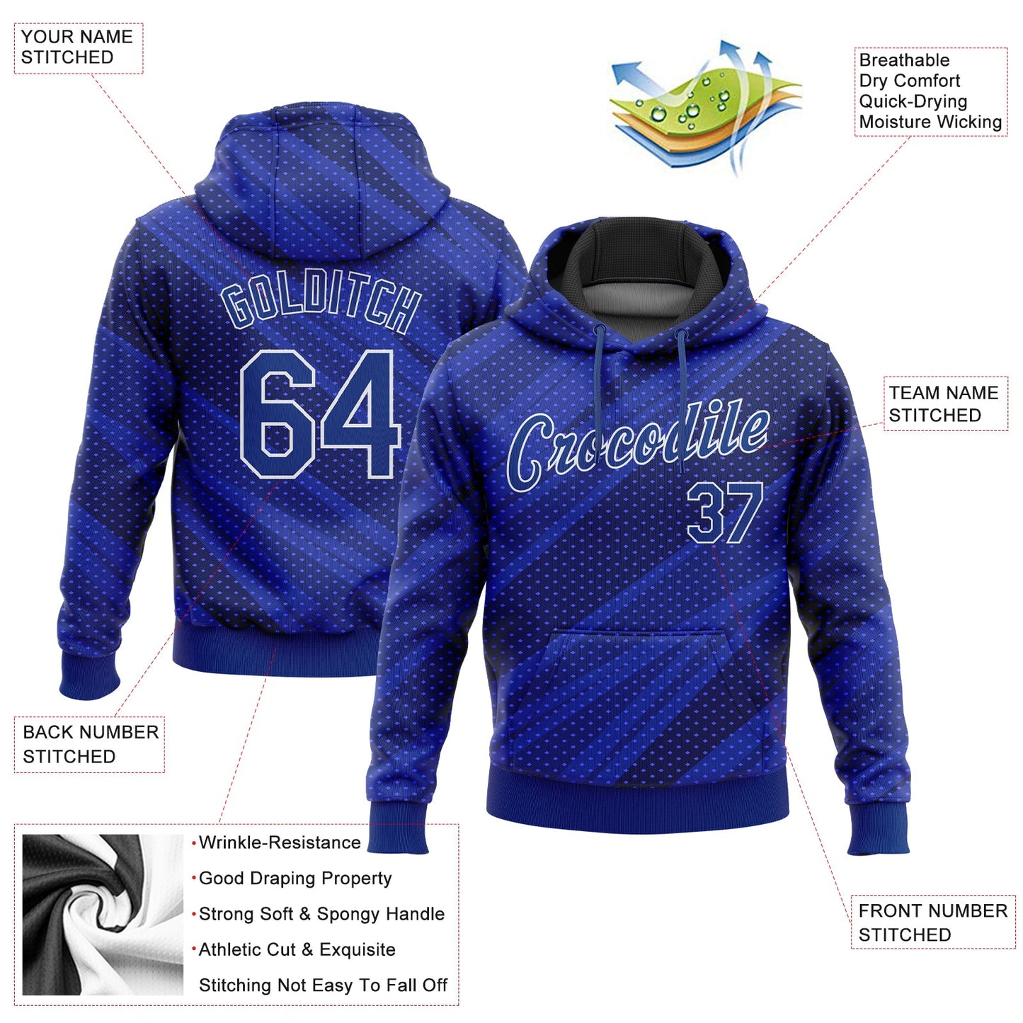 Custom Stitched Royal Roayl Navy-White 3D Pattern Design Sports Pullover Sweatshirt Hoodie view 2