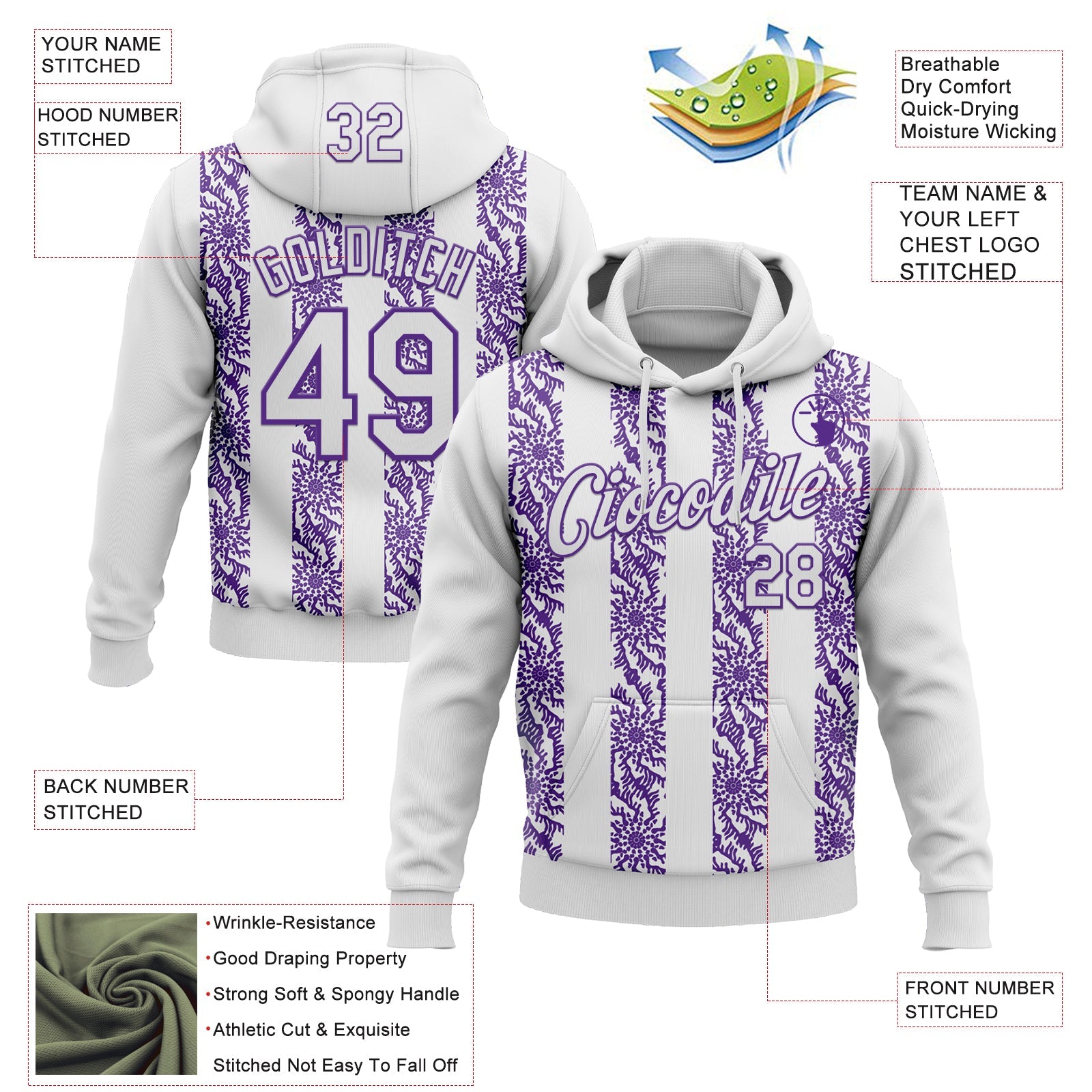 Custom Stitched White Purple Abstract Shape Pattern Sports Pullover Sweatshirt Hoodie view 4