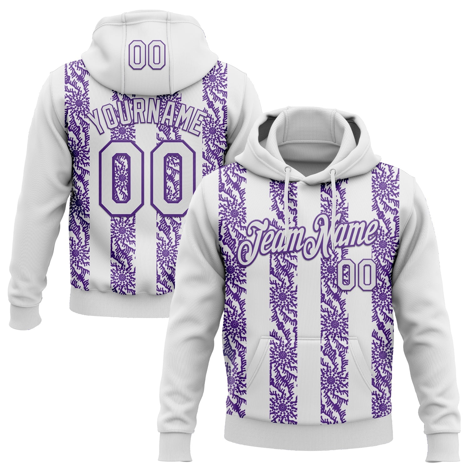 Custom Stitched White Purple Abstract Shape Pattern Sports Pullover Sweatshirt Hoodie - Main View