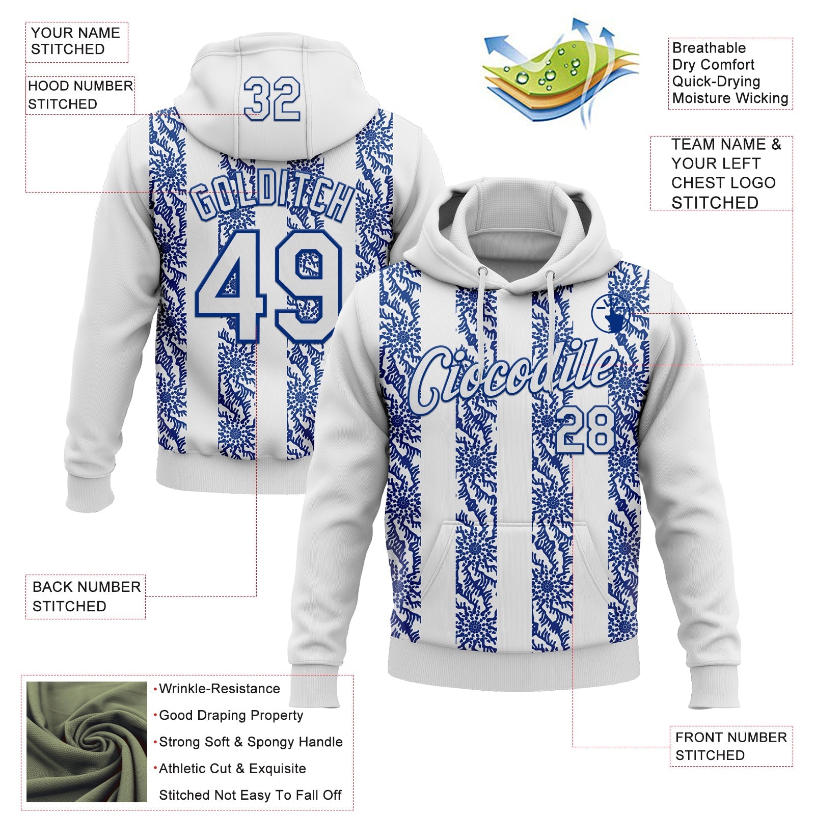 Custom Stitched White Royal Abstract Shape Pattern Sports Pullover Sweatshirt Hoodie view 4