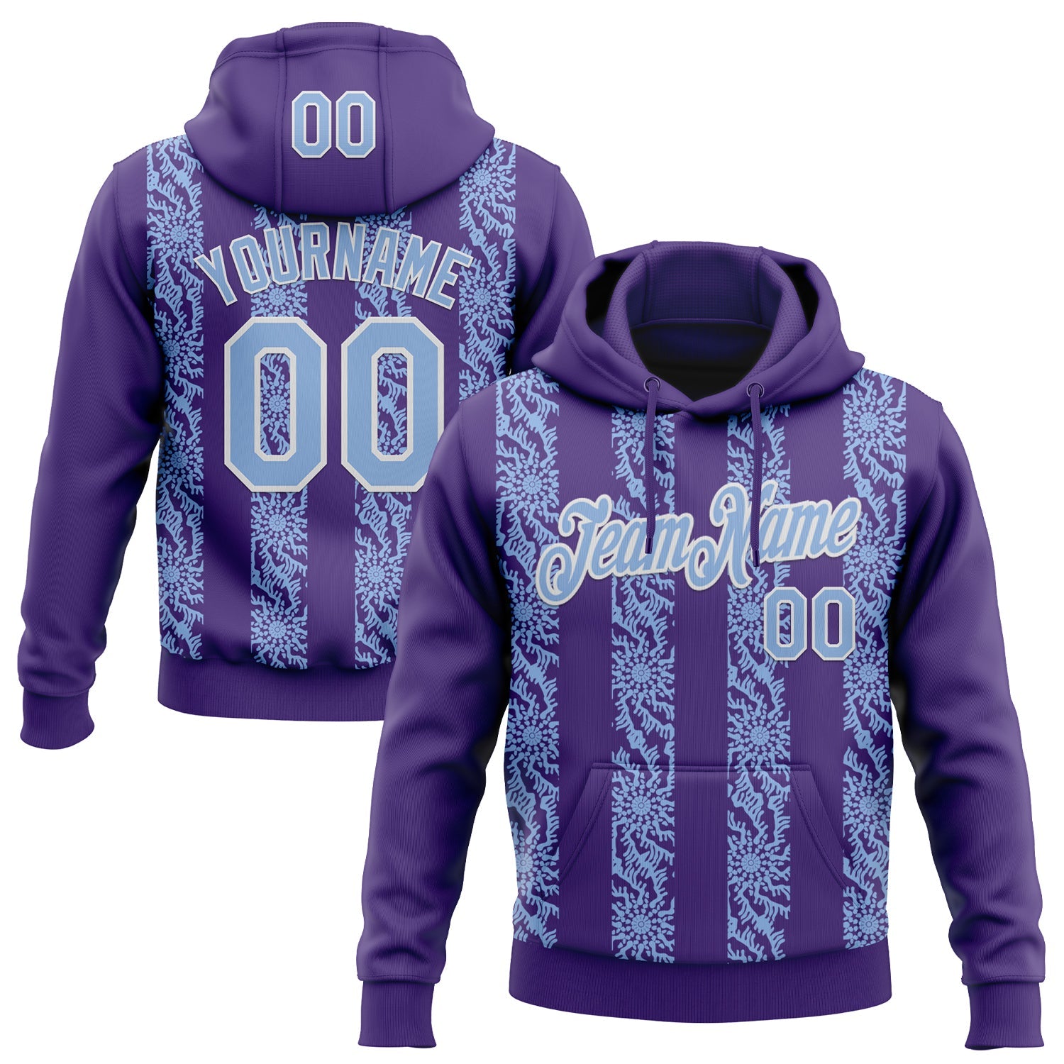 Custom Stitched Purple Light Blue-White Abstract Shape Pattern Sports Pullover Sweatshirt Hoodie - Main View