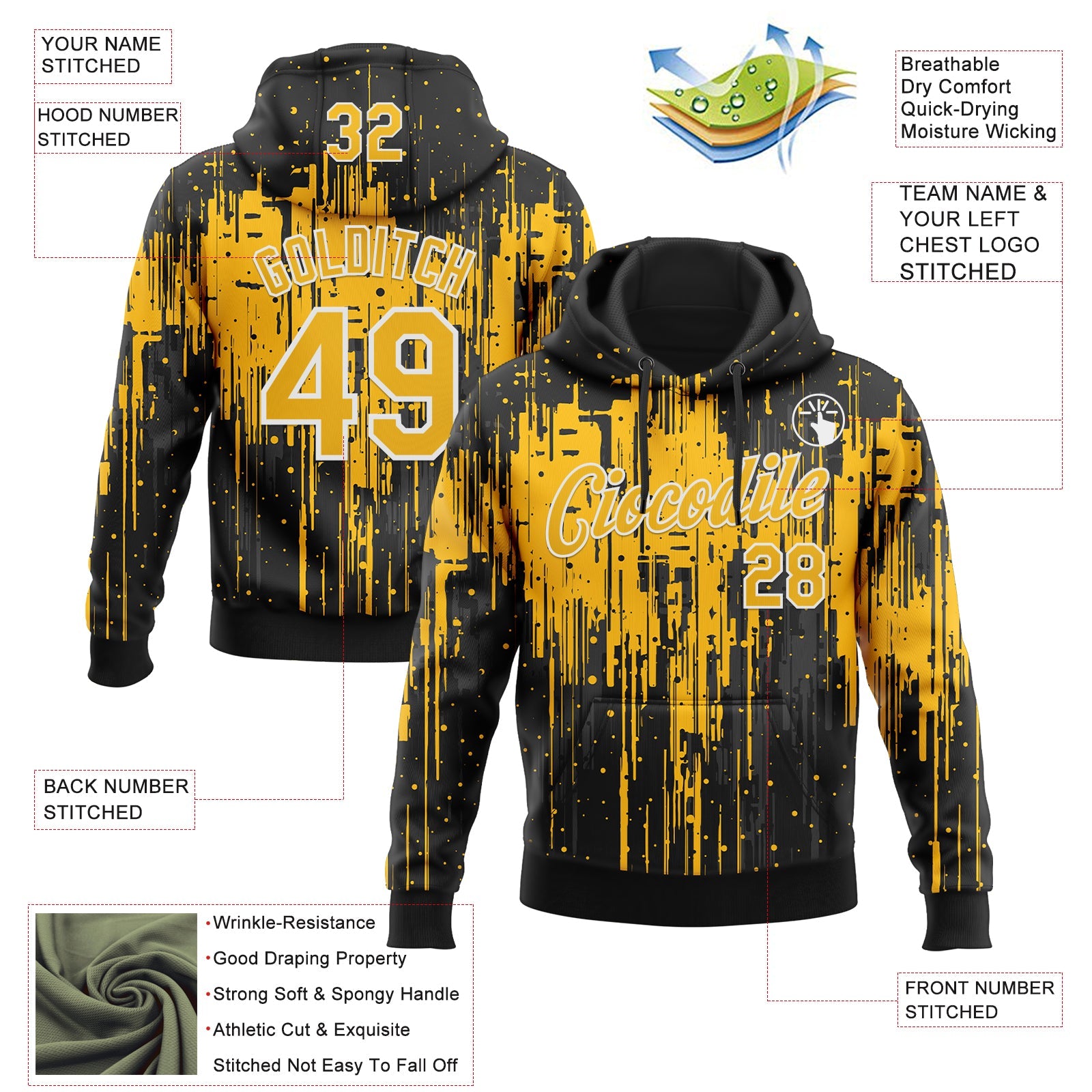 Custom Stitched Black Gold-White Dripping Splatter Sports Pullover Sweatshirt Hoodie view 4