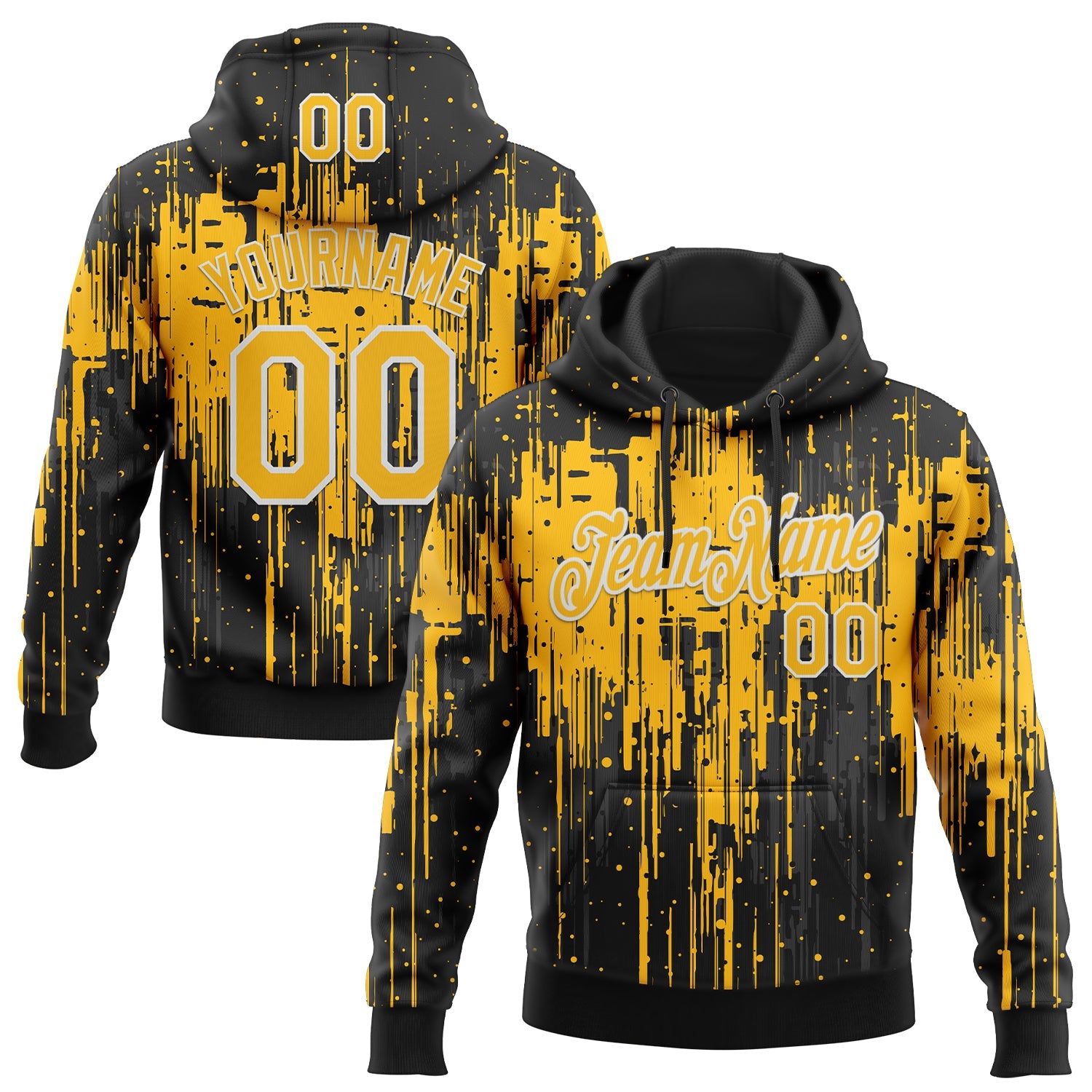 Custom Stitched Black Gold-White Dripping Splatter Sports Pullover Sweatshirt Hoodie - Main View