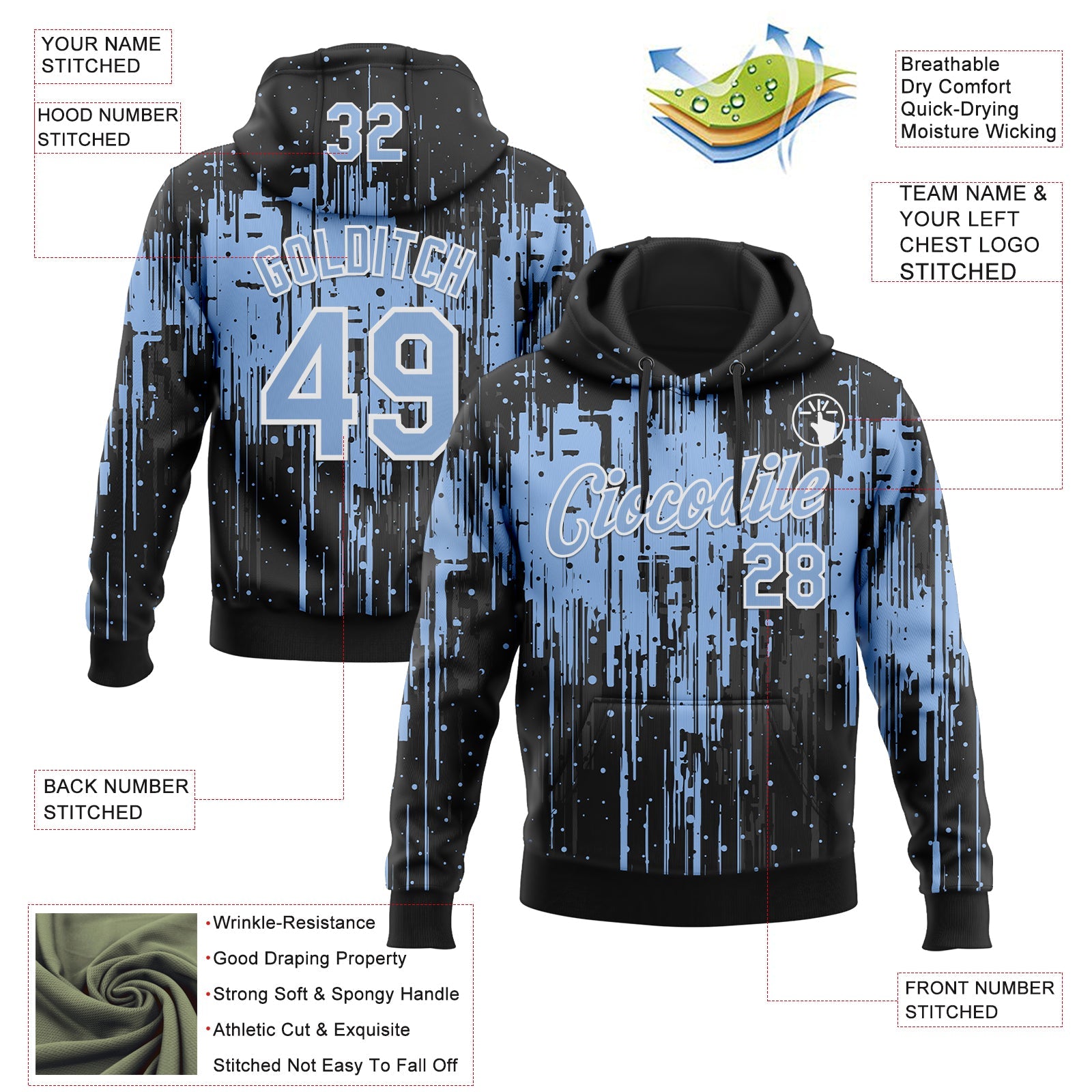 Custom Stitched Black Light Blue-White Dripping Splatter Sports Pullover Sweatshirt Hoodie view 4