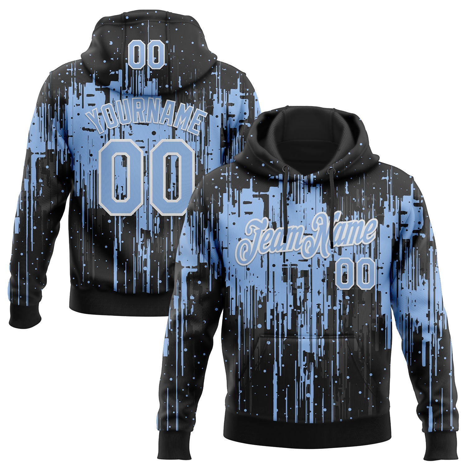 Custom Stitched Black Light Blue-White Dripping Splatter Sports Pullover Sweatshirt Hoodie - Main View