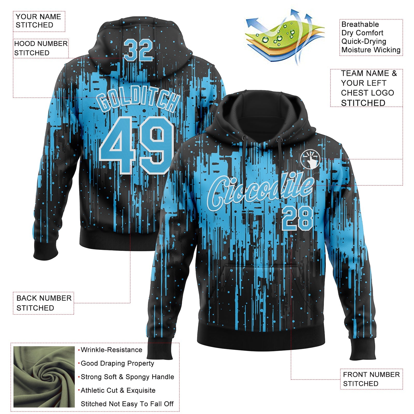 Custom Stitched Black Sky Blue-White Dripping Splatter Sports Pullover Sweatshirt Hoodie view 4