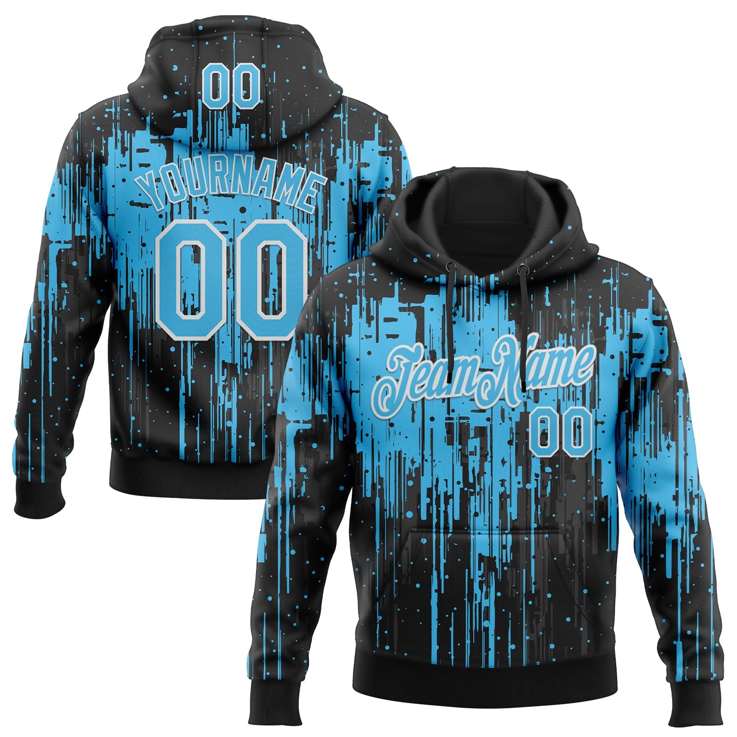 Custom Stitched Black Sky Blue-White Dripping Splatter Sports Pullover Sweatshirt Hoodie - Main View