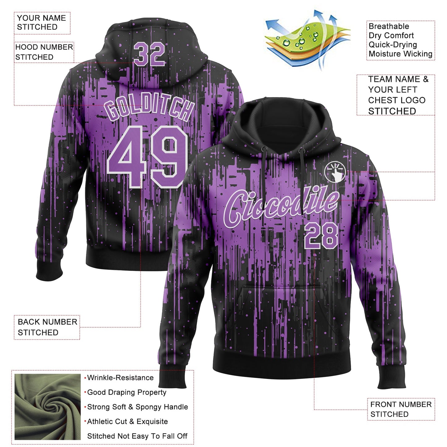 Custom Stitched Black Medium Purple-White Dripping Splatter Sports Pullover Sweatshirt Hoodie view 4