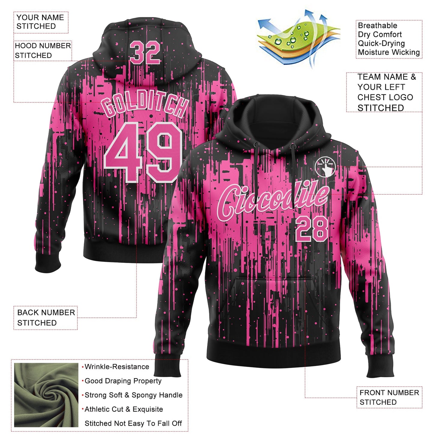 Custom Stitched Black Pink-White Dripping Splatter Sports Pullover Sweatshirt Hoodie view 4