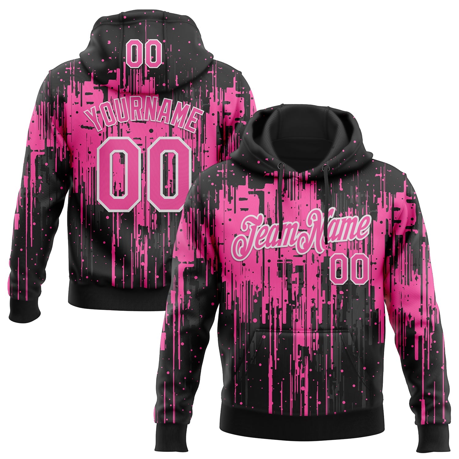 Custom Stitched Black Pink-White Dripping Splatter Sports Pullover Sweatshirt Hoodie - Main View