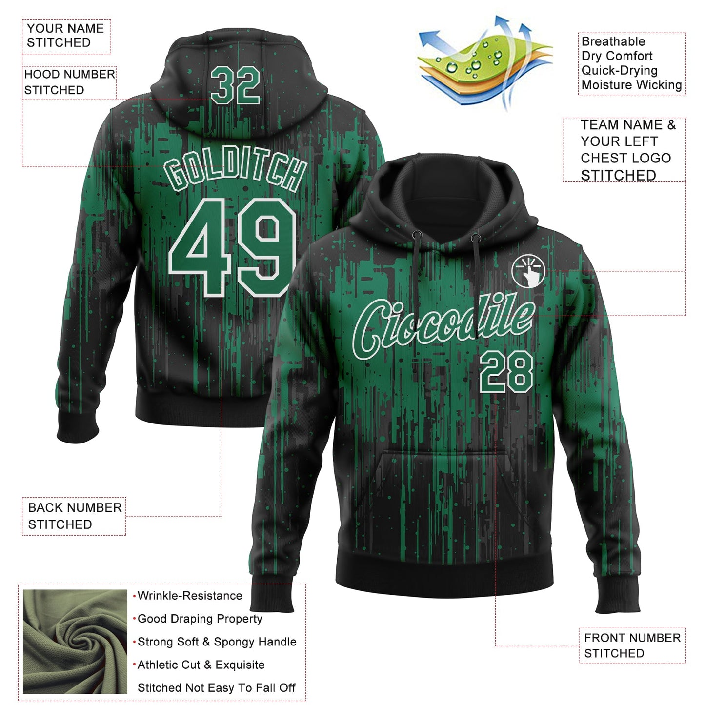 Custom Stitched Black Kelly Green-White Dripping Splatter Sports Pullover Sweatshirt Hoodie view 4