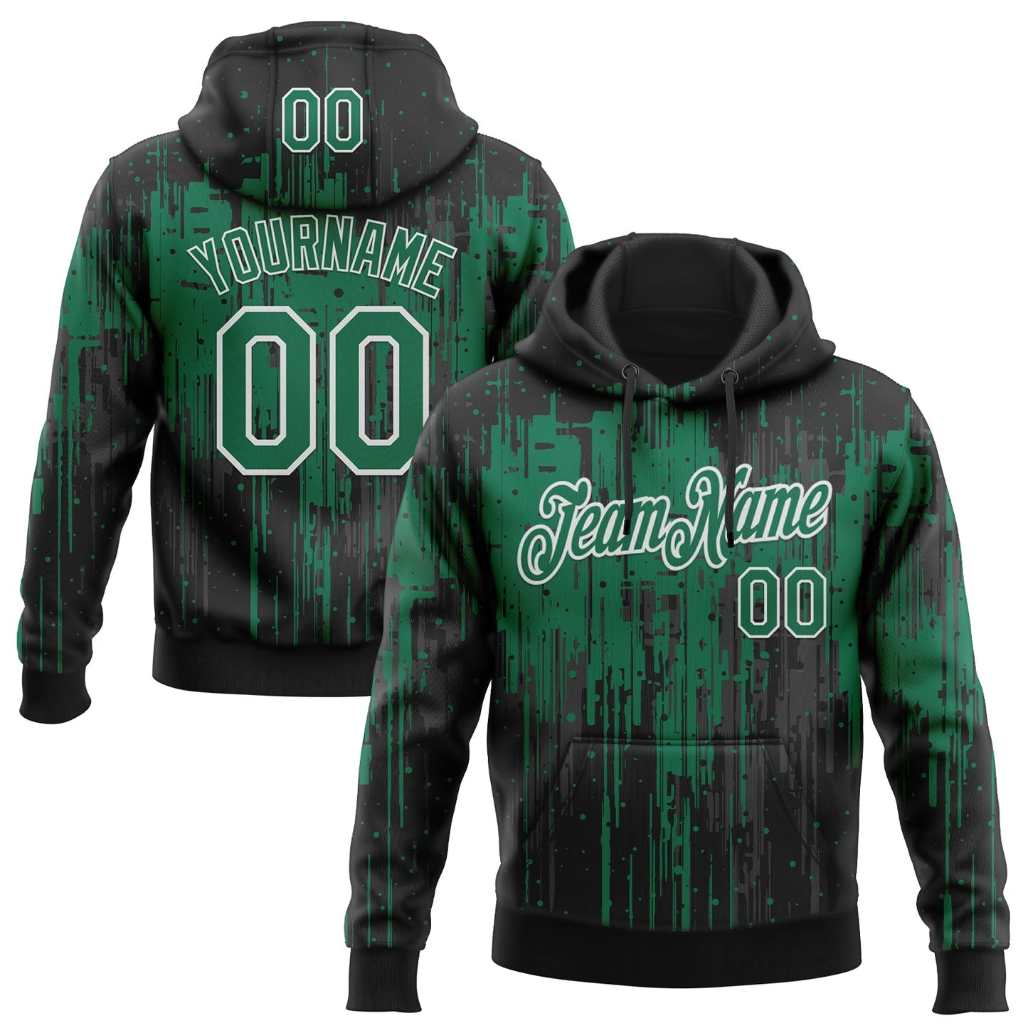 Custom Stitched Black Kelly Green-White Dripping Splatter Sports Pullover Sweatshirt Hoodie - Main View