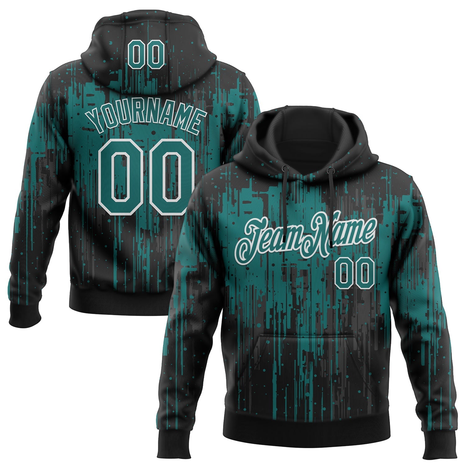 Custom Stitched Black Teal-White Dripping Splatter Sports Pullover Sweatshirt Hoodie - Main View