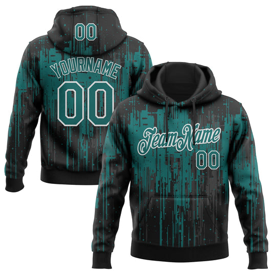 Custom Stitched Black Teal-White Dripping Splatter Sports Pullover Sweatshirt Hoodie - Main View