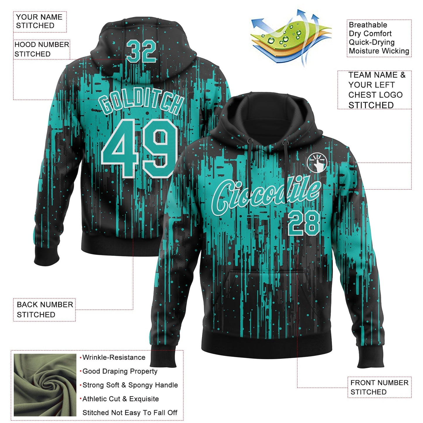 Custom Stitched Black Aqua-White Dripping Splatter Sports Pullover Sweatshirt Hoodie view 4