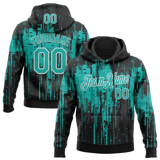 Custom Stitched Black Aqua-White Dripping Splatter Sports Pullover Sweatshirt Hoodie - Main View