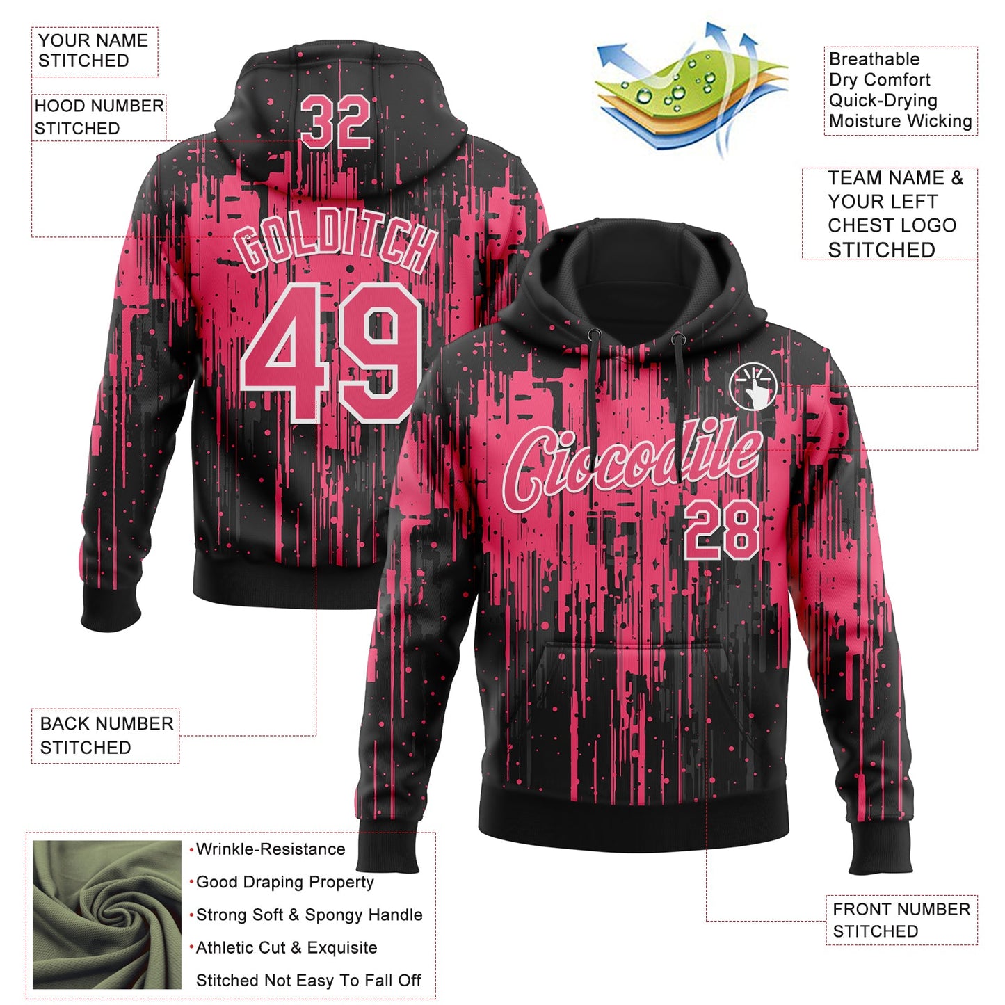 Custom Stitched Black Neon Pink-White Dripping Splatter Sports Pullover Sweatshirt Hoodie view 4